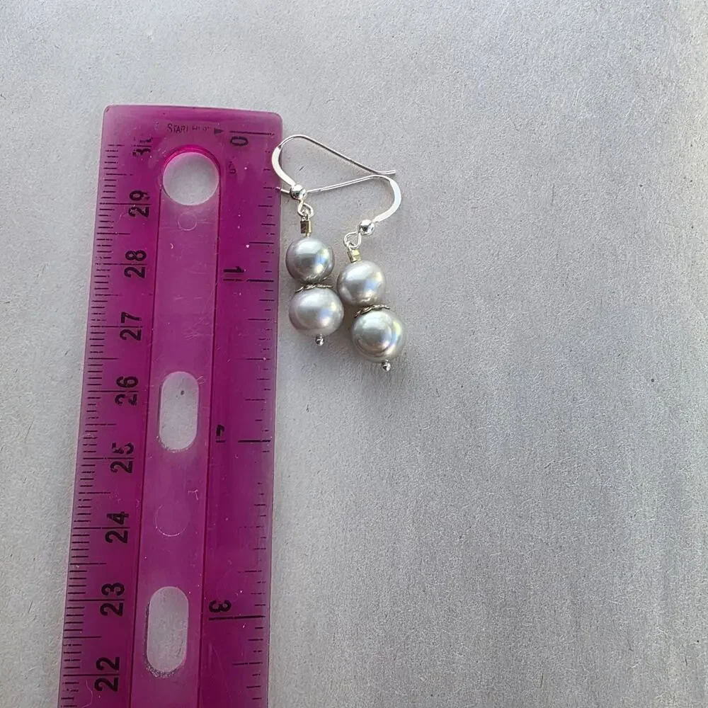 Light Gray Pearl Necklace Earrings Set Sterling‎ Silver 925 Stamped Clasp Beaded